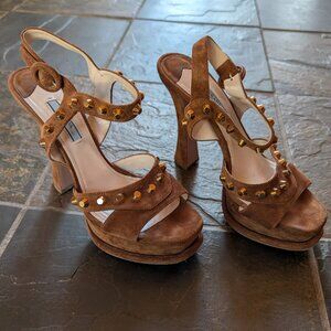 Prada Studded Accents Brown Suede Slingback Platform Heel Sandals - 38.5